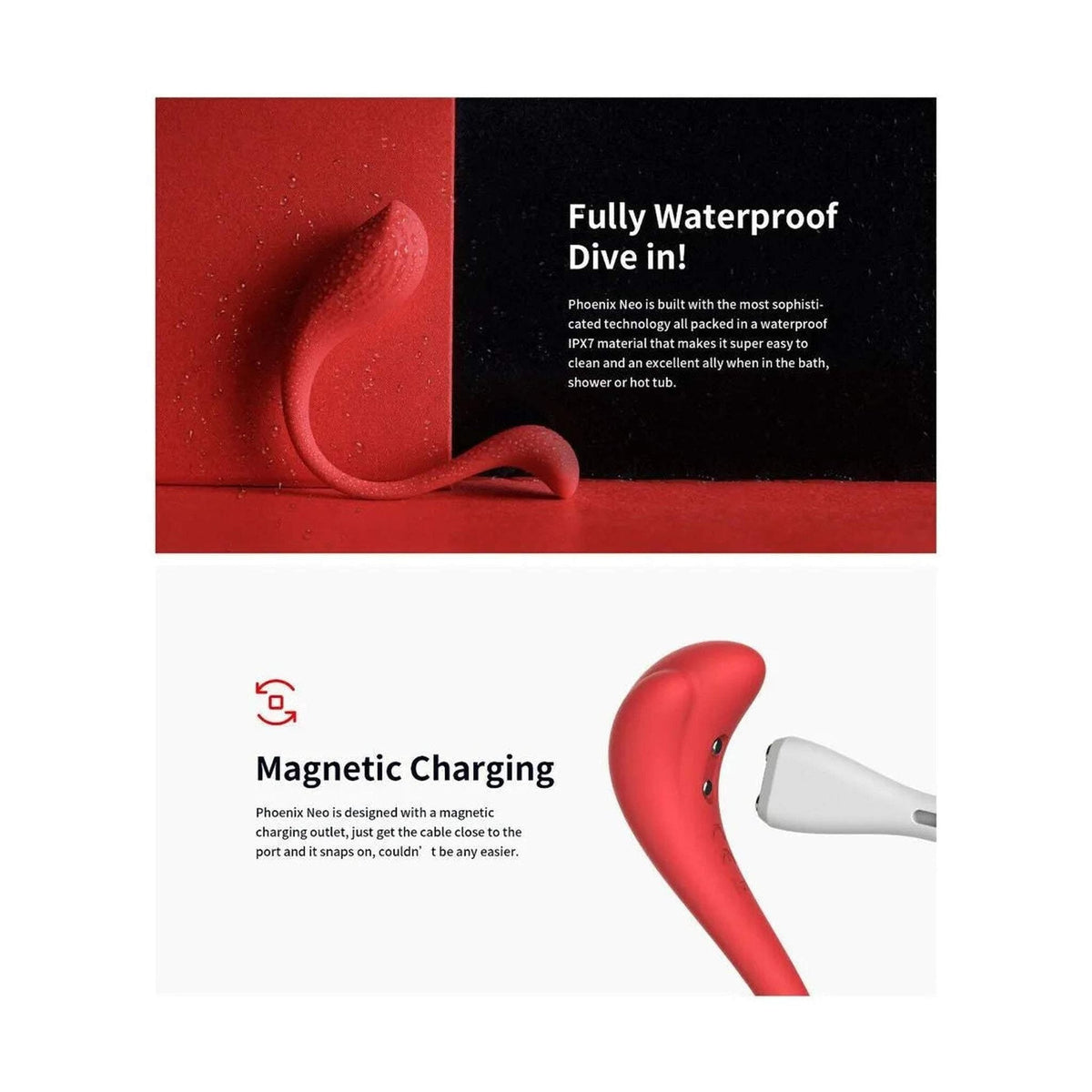 Vibratore rosso completamente impermeabile IPX7 con ricarica magnetica