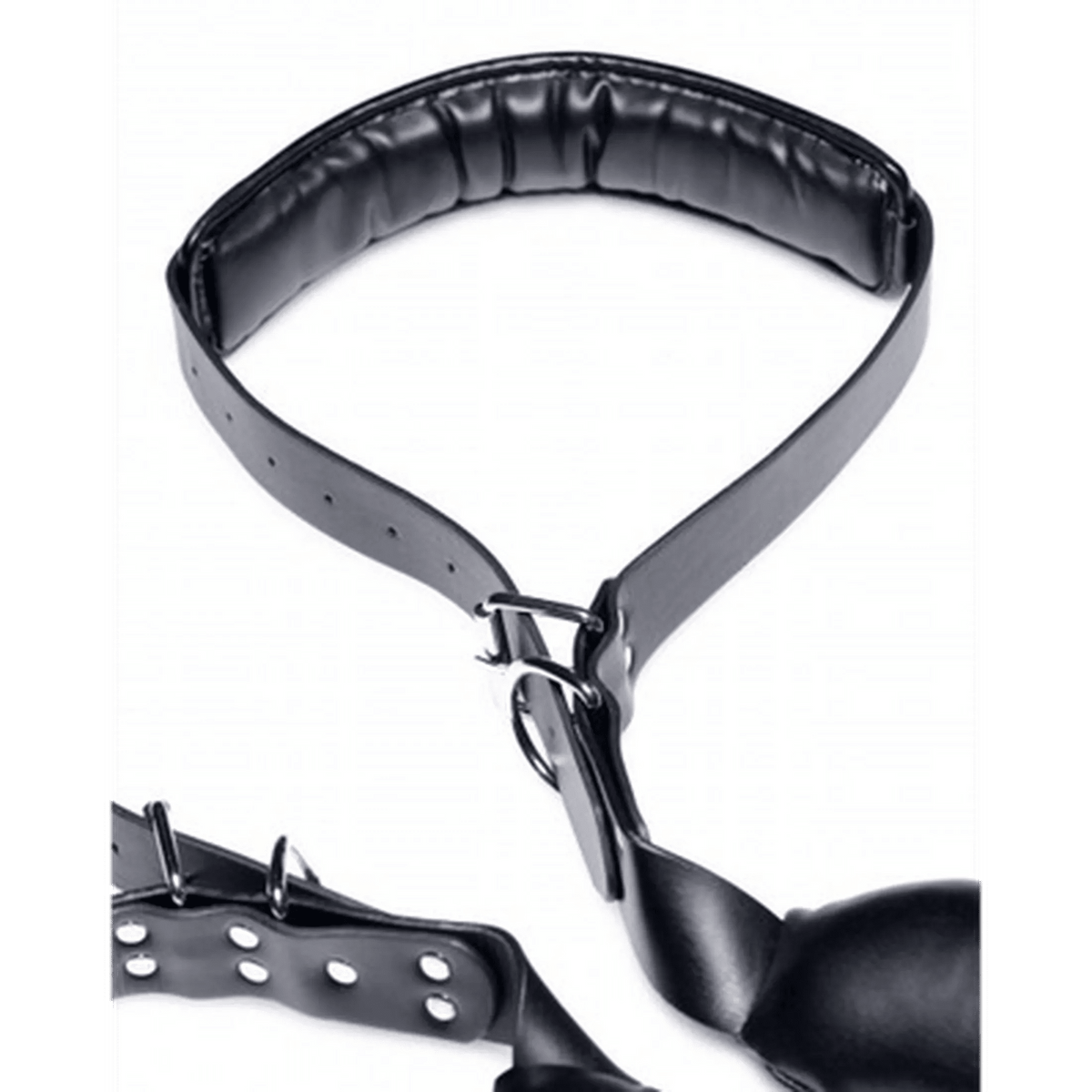 Dettaglio fascia per cosce nera in pelle sintetica lucida con fibbie regolabili metalliche