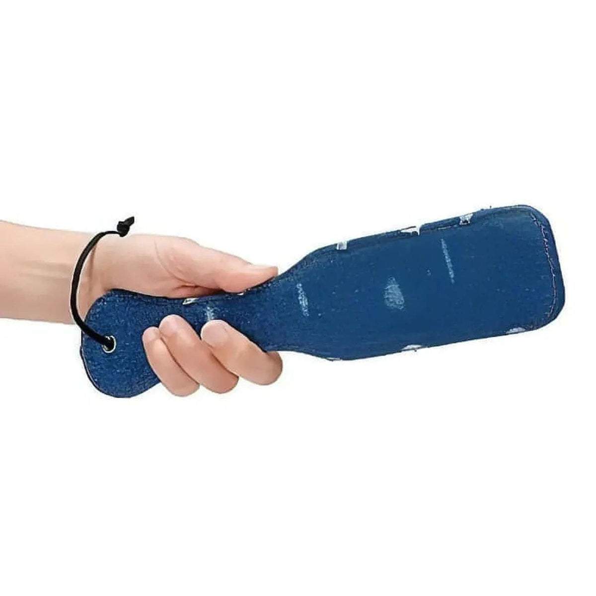 Paddle in denim blu distressed con impugnatura arrotondata e cordino nero