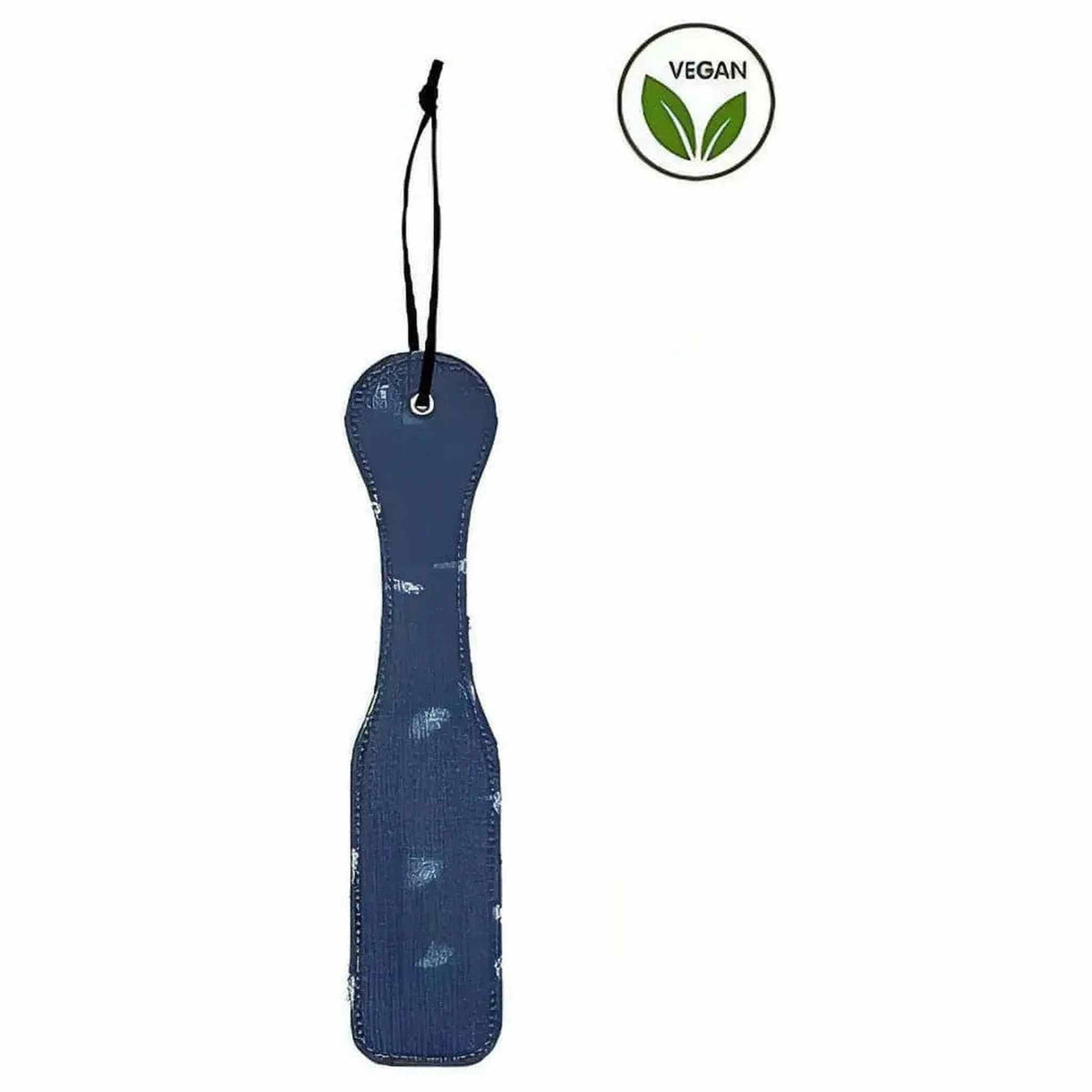 Paddle in denim blu vegan con logo foglie verde su sfondo bianco