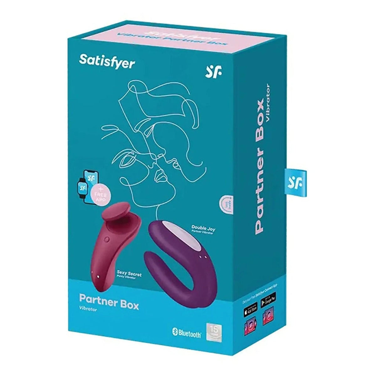 Confezione vibratore doppio Satisfyer Partner Box turchese con adesivo app gratuita