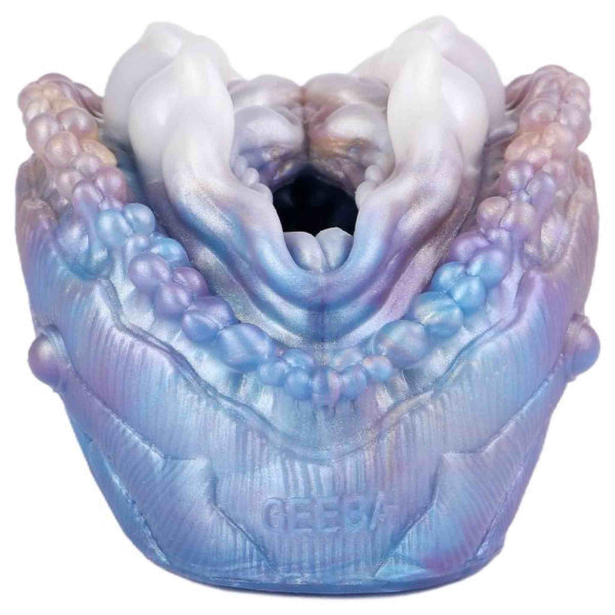 Dettaglio interno rugoso toy masturbatore GEEBA bocca aperta silicone liquido perla iridescente