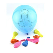 Palloncino blu gonfiato disegno pene con altri palloncini arrotolati