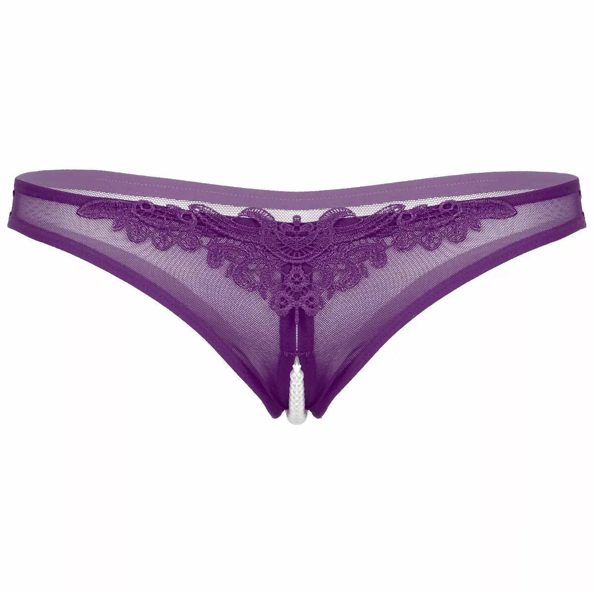 Perizoma viola Tanga con singola perla centrale e pizzo floreale