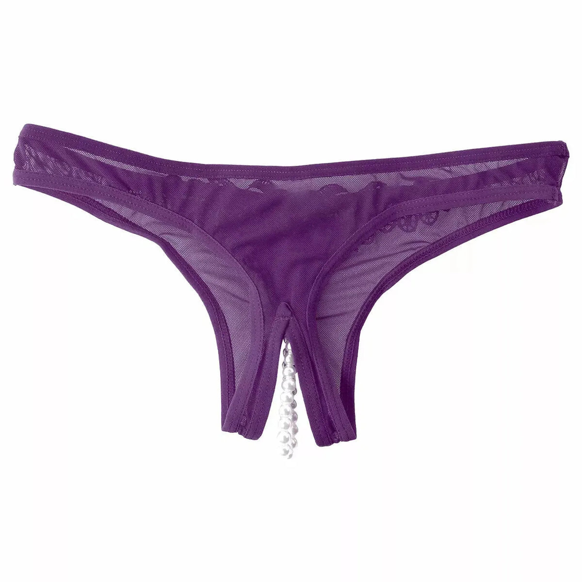 Tanga viola in pizzo con fila di perline stimolanti vista frontale