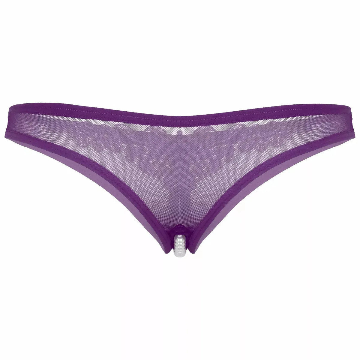 Perizoma viola in rete con fascia pizzo e perline bianche