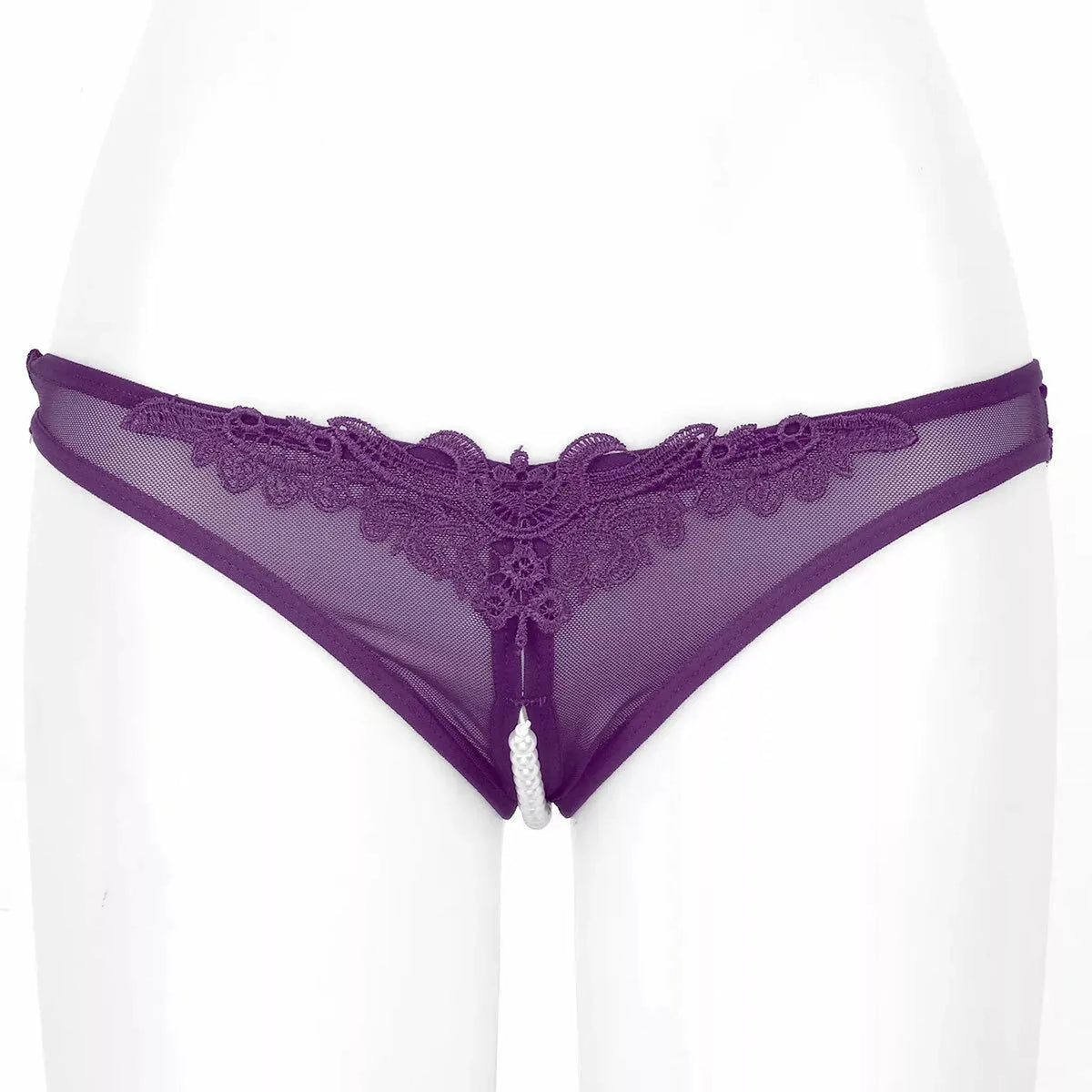 Perizoma viola su manichino con perline centrali e taglio Tanga