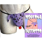 Perizoma bassotto viola con macchie nere e occhi mobili, gadget scherzoso per uomo