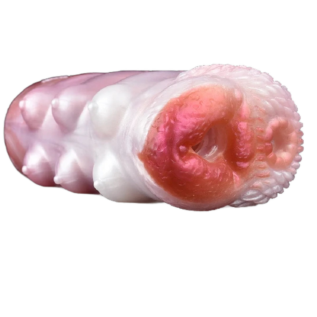 Vista laterale toy masturbazione Petal Fairy silicone liquido rosa sezione aperta spirale