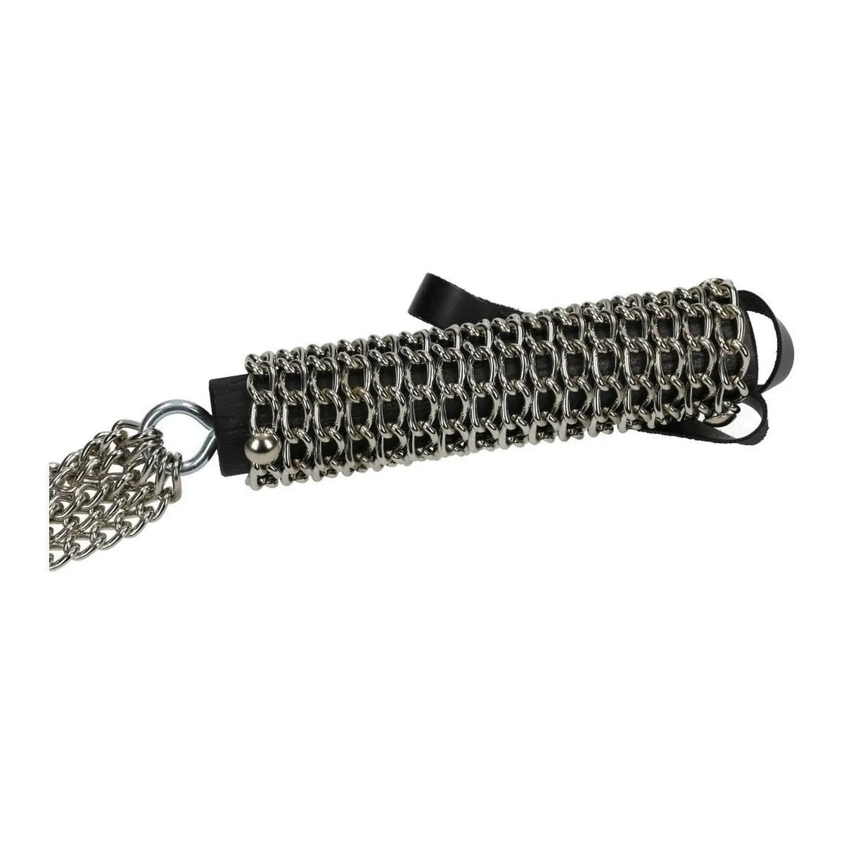 Dettaglio laterale frustino pelle nera con rivestimento catene argento