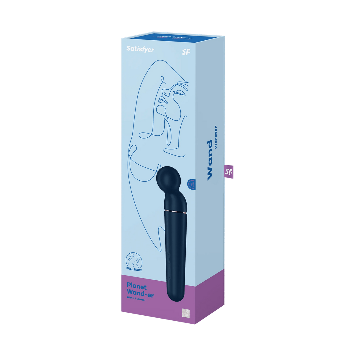 Scatola vibratore wand Satisfyer Planet Wand-er blu e viola con design volto