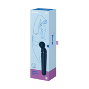 Scatola vibratore wand Satisfyer Planet Wand-er blu e viola con design volto