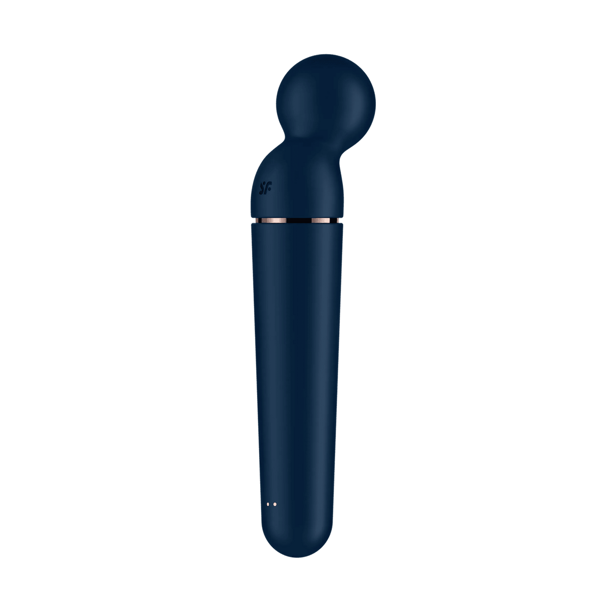 Dettaglio laterale vibratore Satisfyer Planet Wand-er blu scuro con logo SF