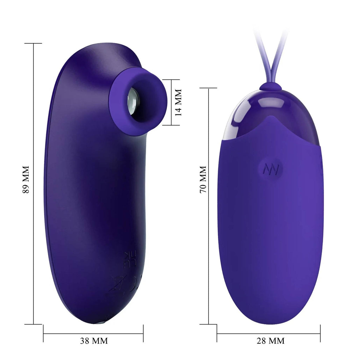 Misure dettagliate succhiaclitoride e ovulo vibrante viola in millimetri