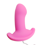 Vista laterale plug anale rosa in silicone con cavo di ricarica