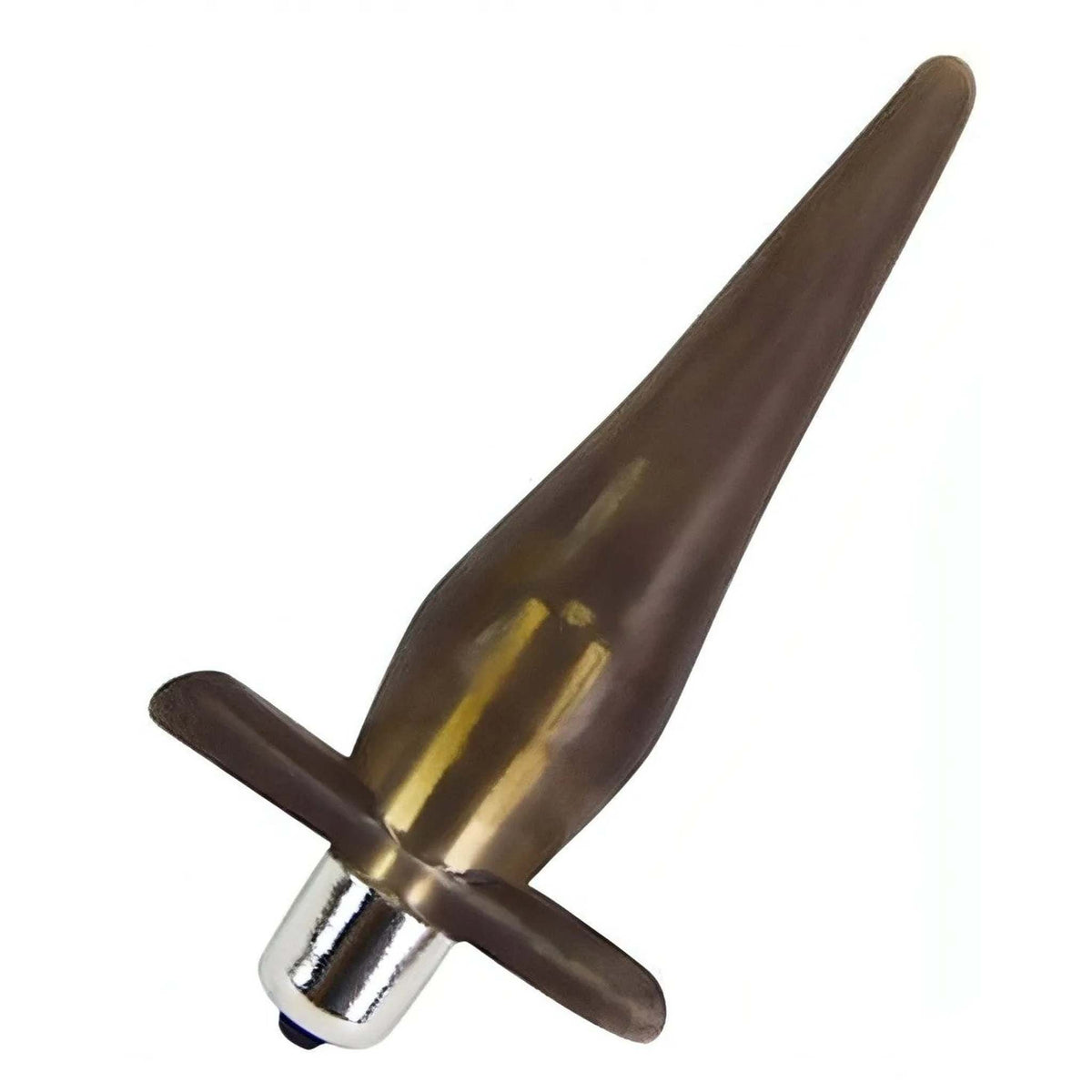 Vista laterale plug anale vibrante grigio fumo ergonomico con finitura traslucida