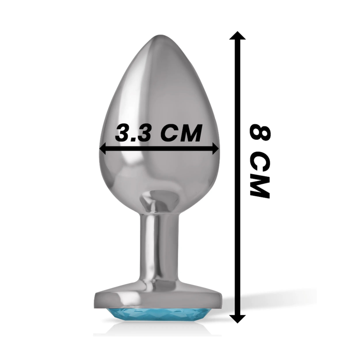 Plug anale metallo 8 cm con diamante azzurro e misurazione grafica