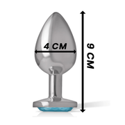 Plug anale metallo 9 cm con pietra azzurra facettata e indicazioni misure