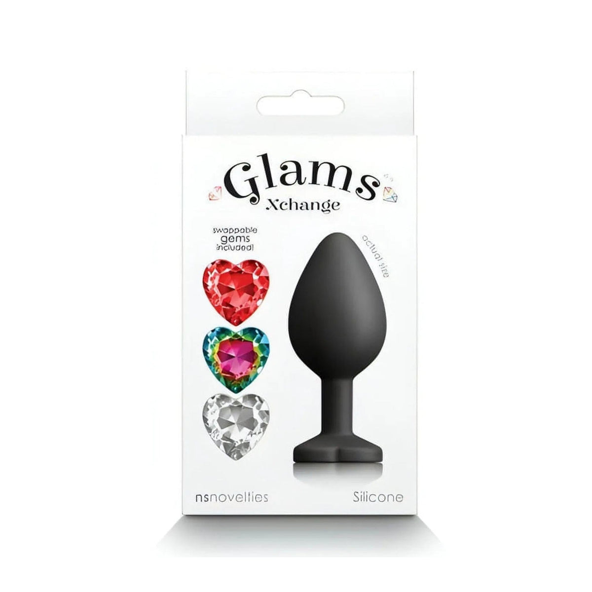 Confezione Glam's Xchange plug anale nero con tre gemme cuore intercambiabili incluse