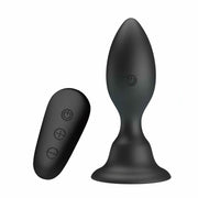 Vista frontale plug anale nero ergonomico con telecomando a goccia