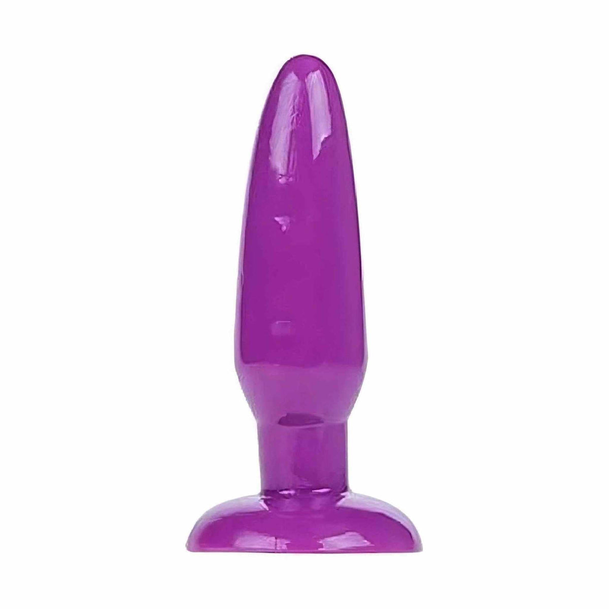 Plug anale rosa lucido vista frontale con base piatta e testa arrotondata