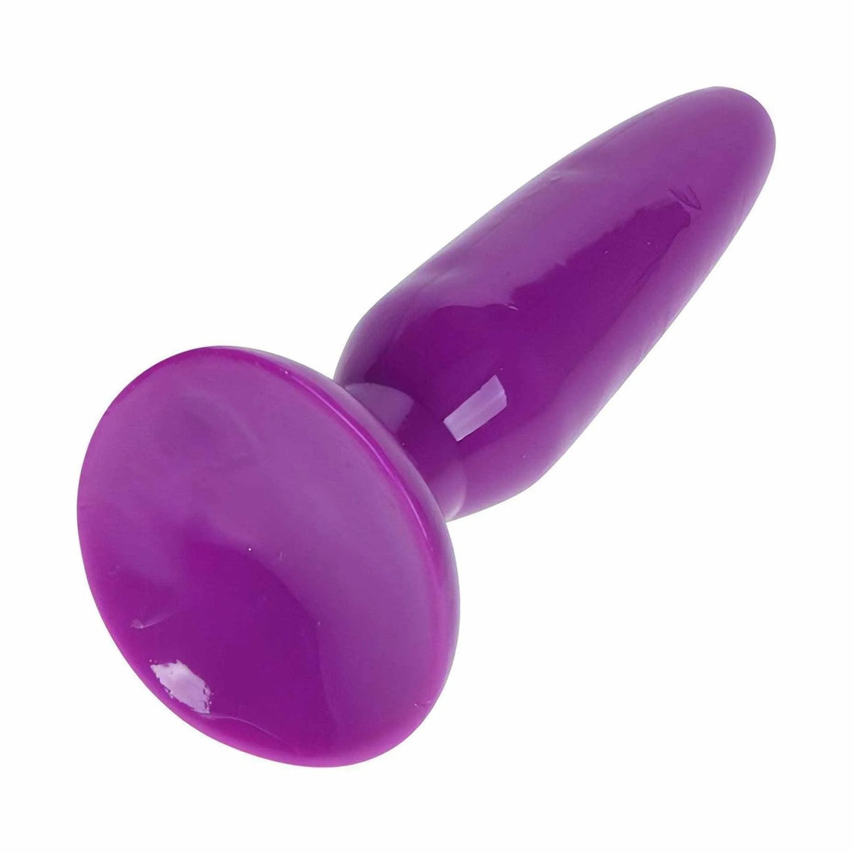 Plug anale viola ergonomico curvo con superficie liscia e riflettente