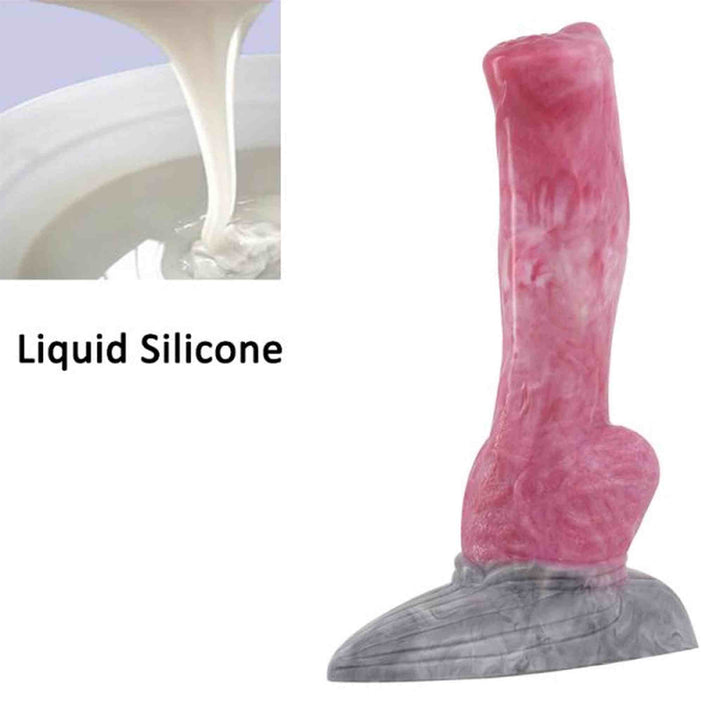 Dildo rosa in silicone liquido con superficie lucida e base marmo