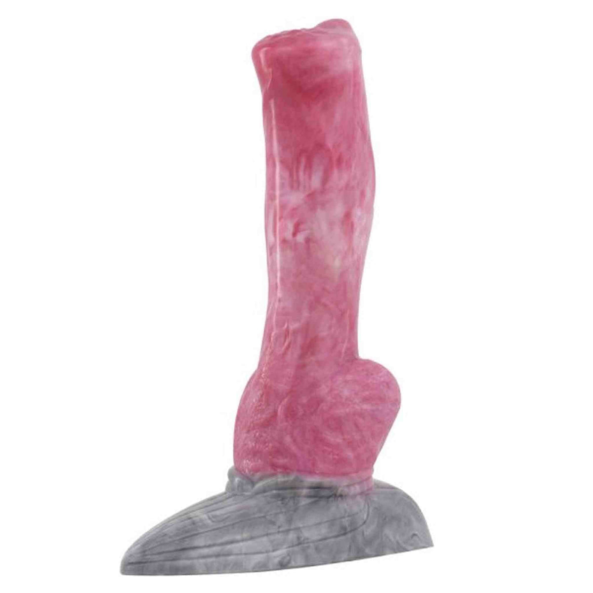 Dildo rosa a forma di cane con venature chiare e base grigia marmo