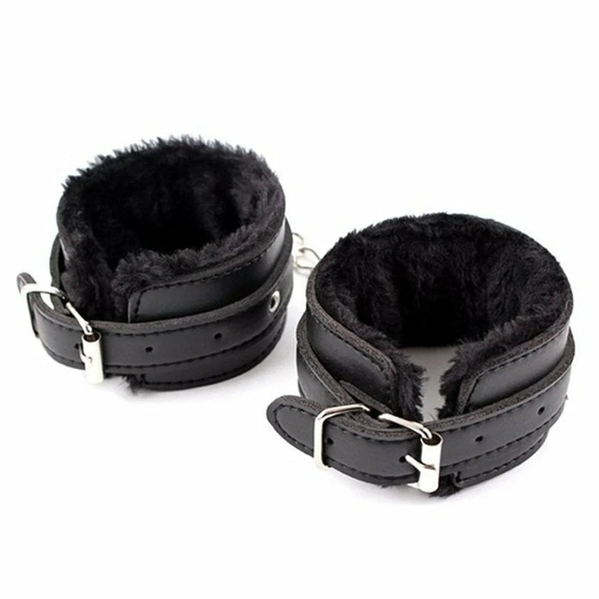 Cavigliere bondage nere in similpelle imbottite con pelliccia interna e anello di collegamento