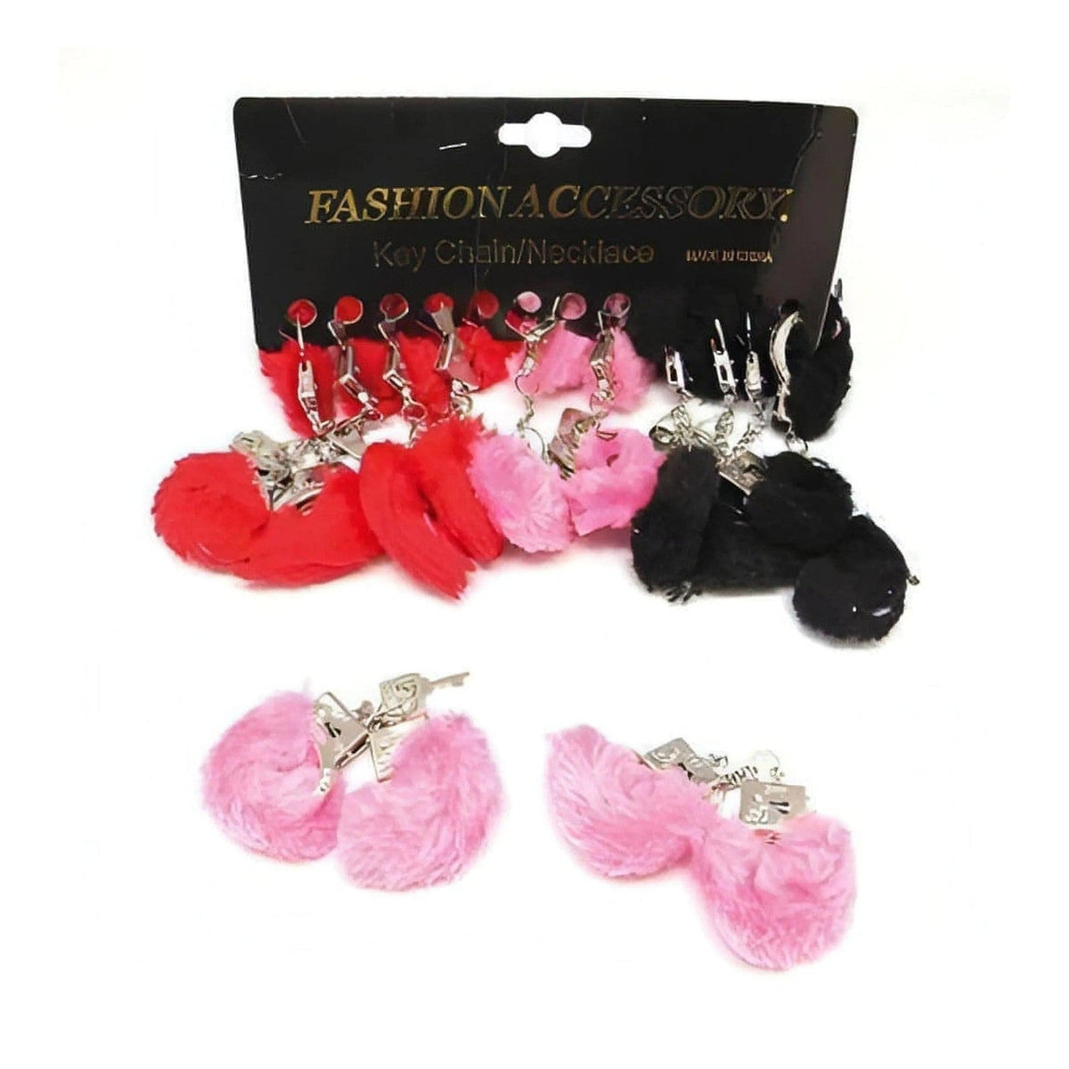 Portachiavi manette in peluche rosso, rosa e nero con chiave decorativa