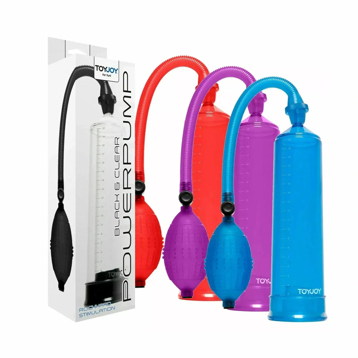 Variante pompa pene TOYJOY Power Pump nera e trasparente con scala misurazione e manopola rilievo