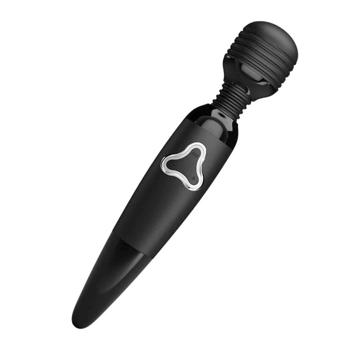 Body Wand vibratore nero inclinazione testa rilievi concentrici manico ergonomico