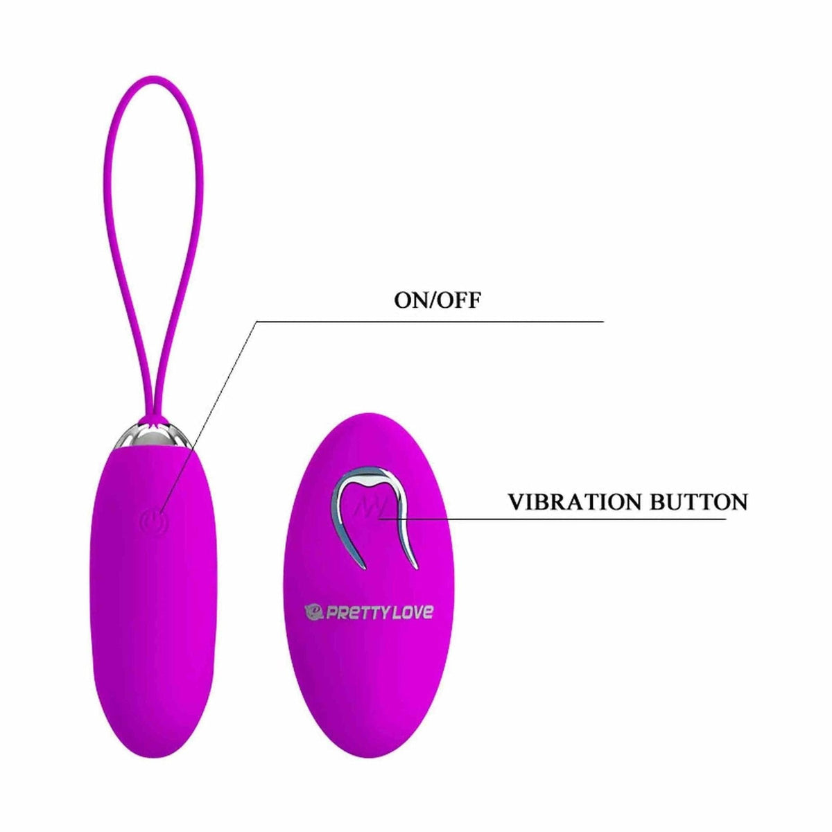 Schema tecnico vibratore uovo viola Pretty Love Julia con pulsanti accensione e vibrazione