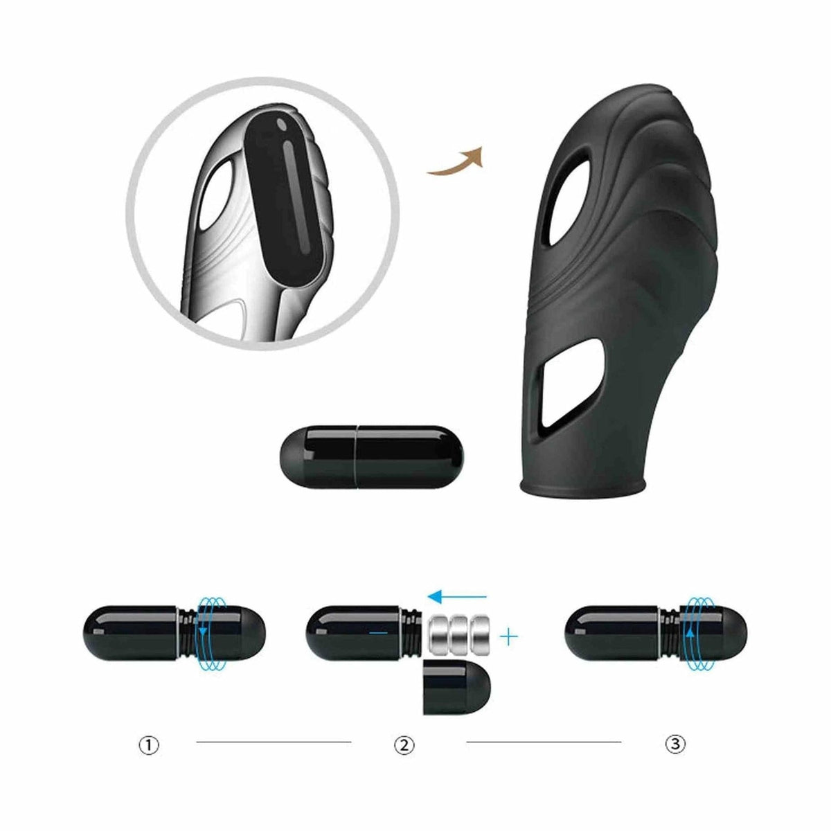 Illustrazione tecnica montaggio componente cilindrico vibratore da dita nero