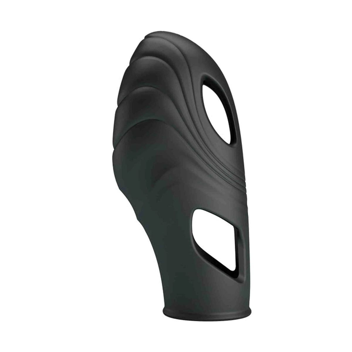 Vista frontale vibratore da dita nero con forma ergonomica e aperture ovali