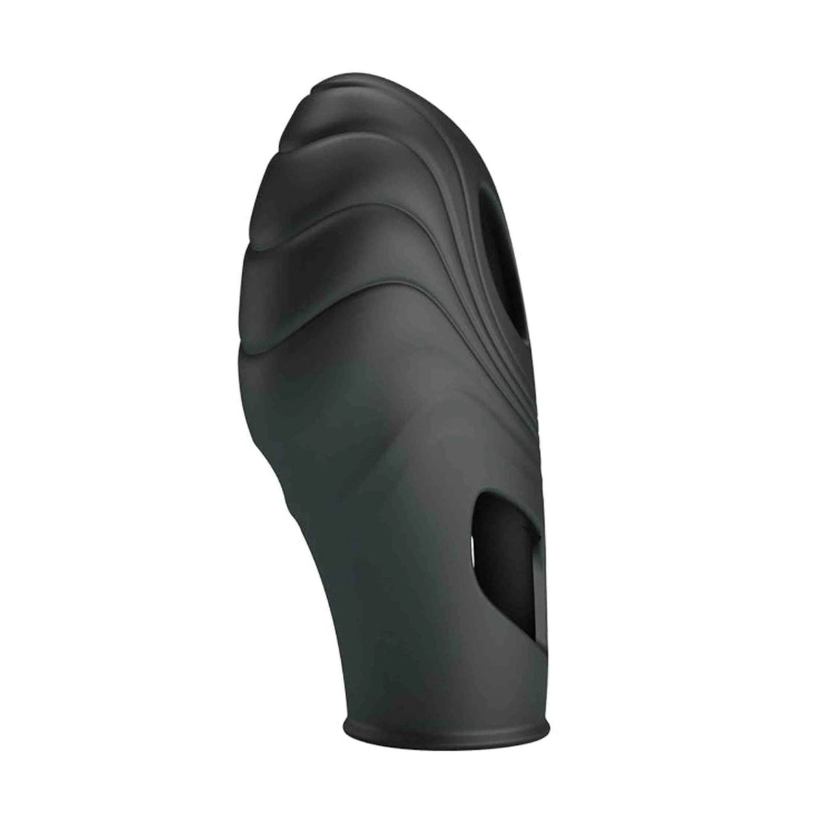 Vibratore da dita nero in silicone vellutato con superficie ondulata vista laterale
