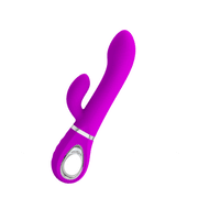 Vibratore coniglio viola acceso in silicone opaco con fascia metallica e foro ovale alla base