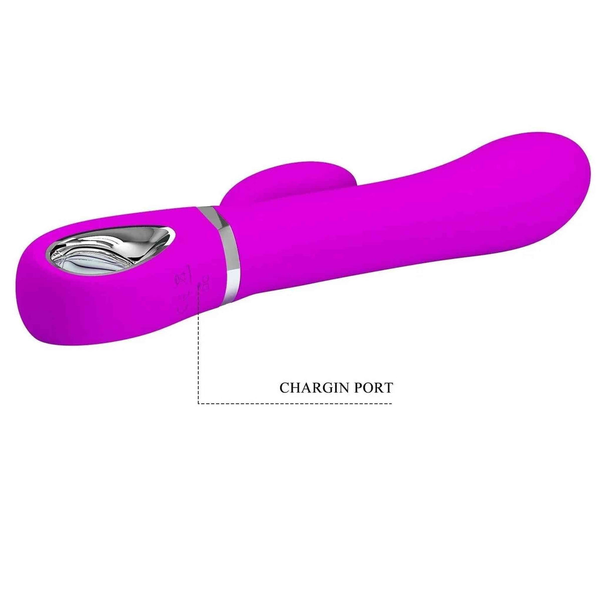 Porta di ricarica vibratore coniglio viola acceso con coperchio metallico argentato