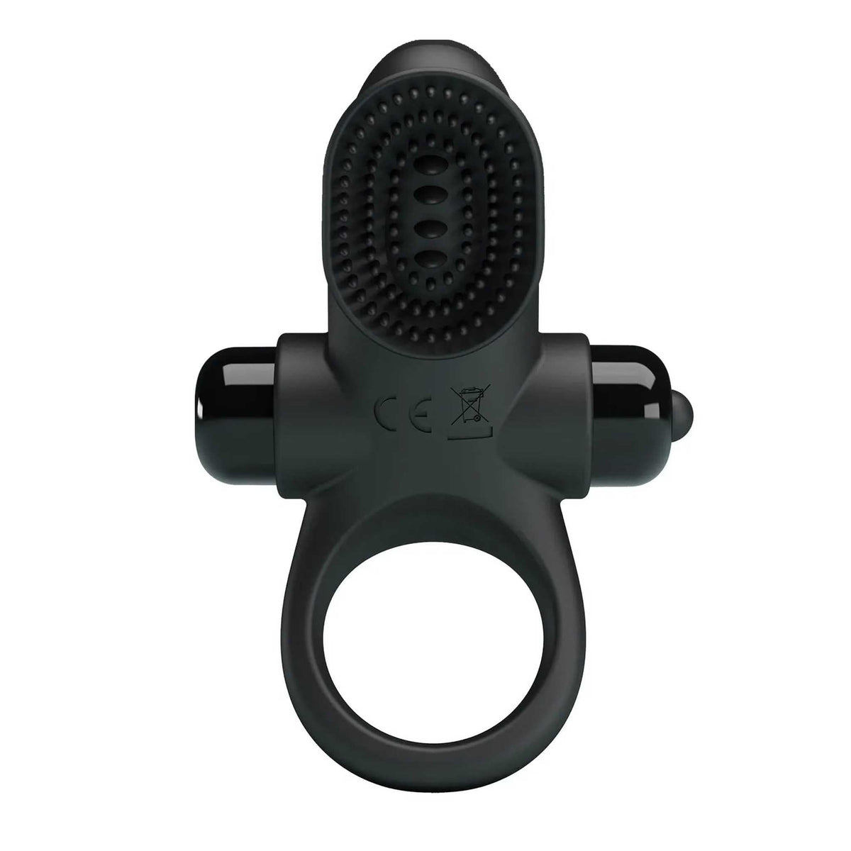 Anello vibrante nero Pretty Love vista frontale con unità stimolazione ovale a rilievi