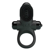 Anello vibrante nero Pretty Love vista frontale con unità stimolazione ovale a rilievi