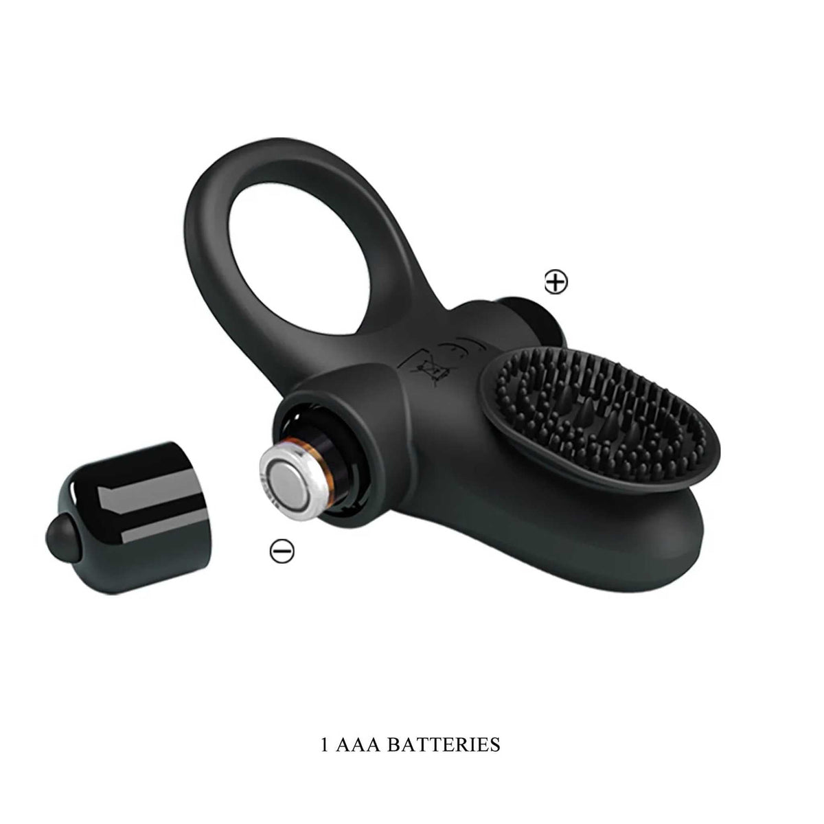 Anello vibrante nero Pretty Love batteria AAA visibile con coperchio aperto