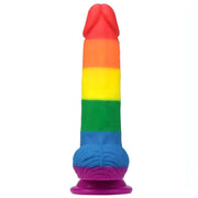 Vista frontale dildo silicone arcobaleno con protuberanze testicoli e texture blu