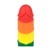 Vista posteriore dildo arcobaleno in silicone medicale con dettagli incisi