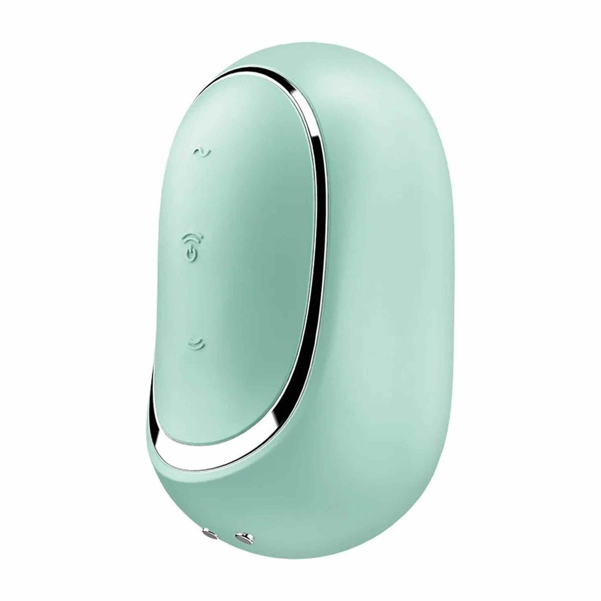 Satisfyer Pro To Go 2 verde menta vista laterale con simboli incisi e bordi metallici