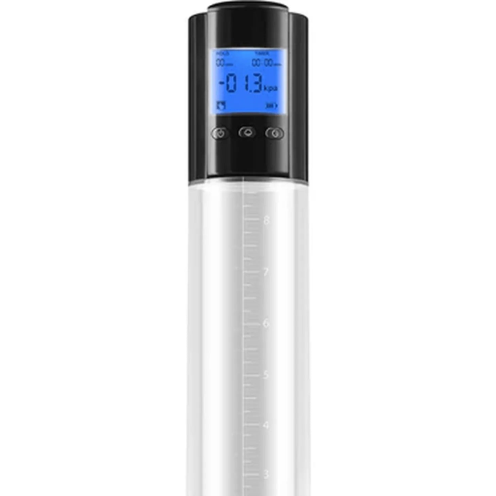 Dettaglio pompa fallica con scala graduata numerica e schermo LCD blu