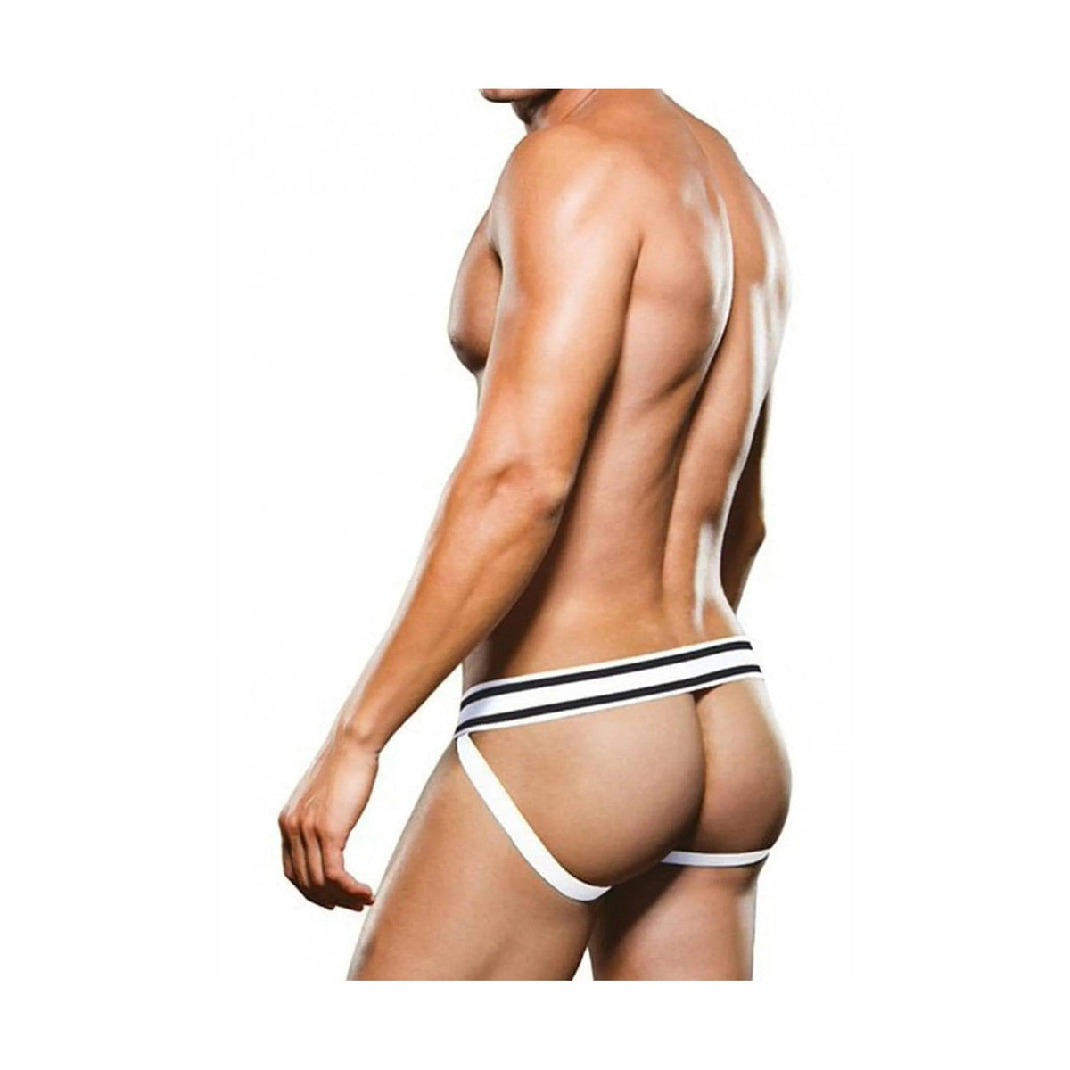 Jockstrap Prowler nero e bianco vista posteriore tre quarti contorno glutei