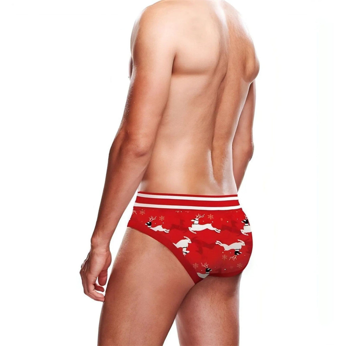 Vista posteriore slip uomo Prowler rosso motivo natalizio renne e fiocchi di neve
