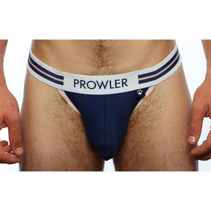 Jockstrap uomo Prowler blu scuro e rosa con fascia elastica bianca e logo zampa