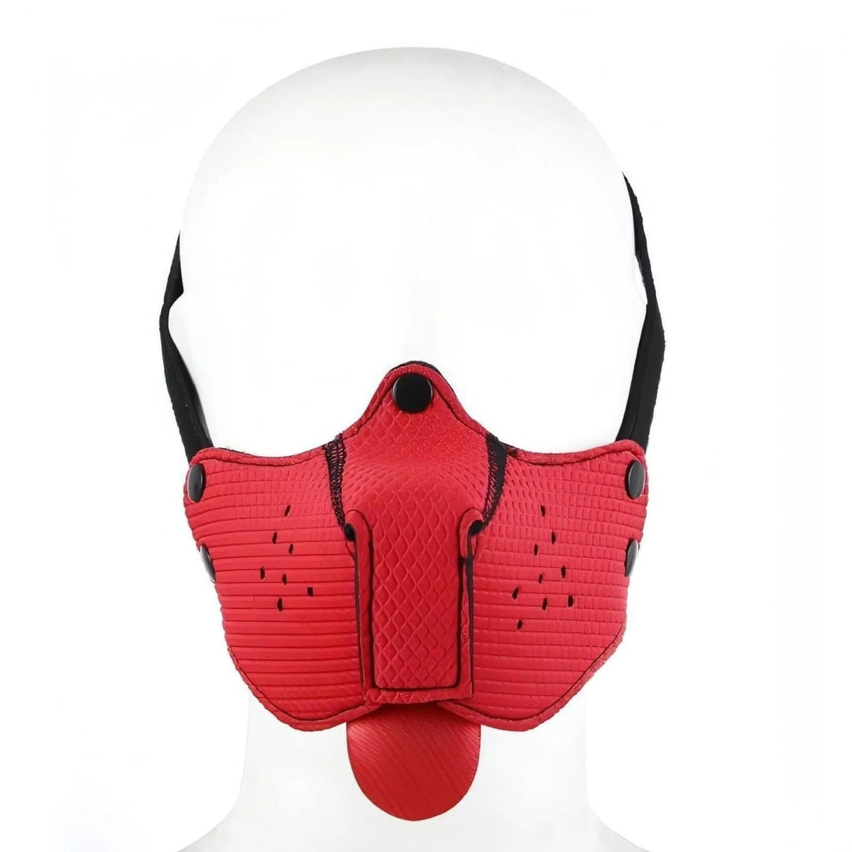 Maschera fetish rossa vista frontale con linguetta e fori ventilazione