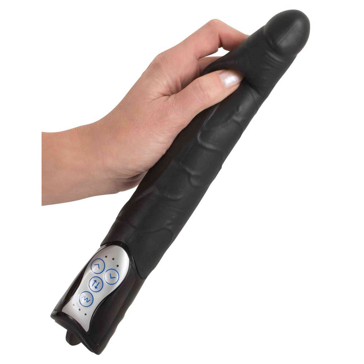 Vibratore nero You2Toys tenuto in mano per mostrare dimensioni reali e impugnatura ergonomica